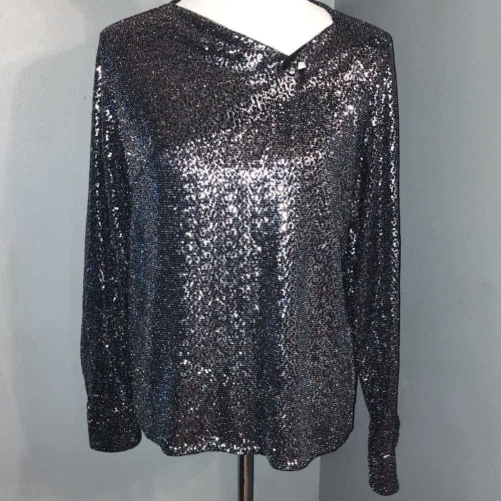 ZARA Silver Grey Sequin Metallic Long Sleeve Top With Knot size small